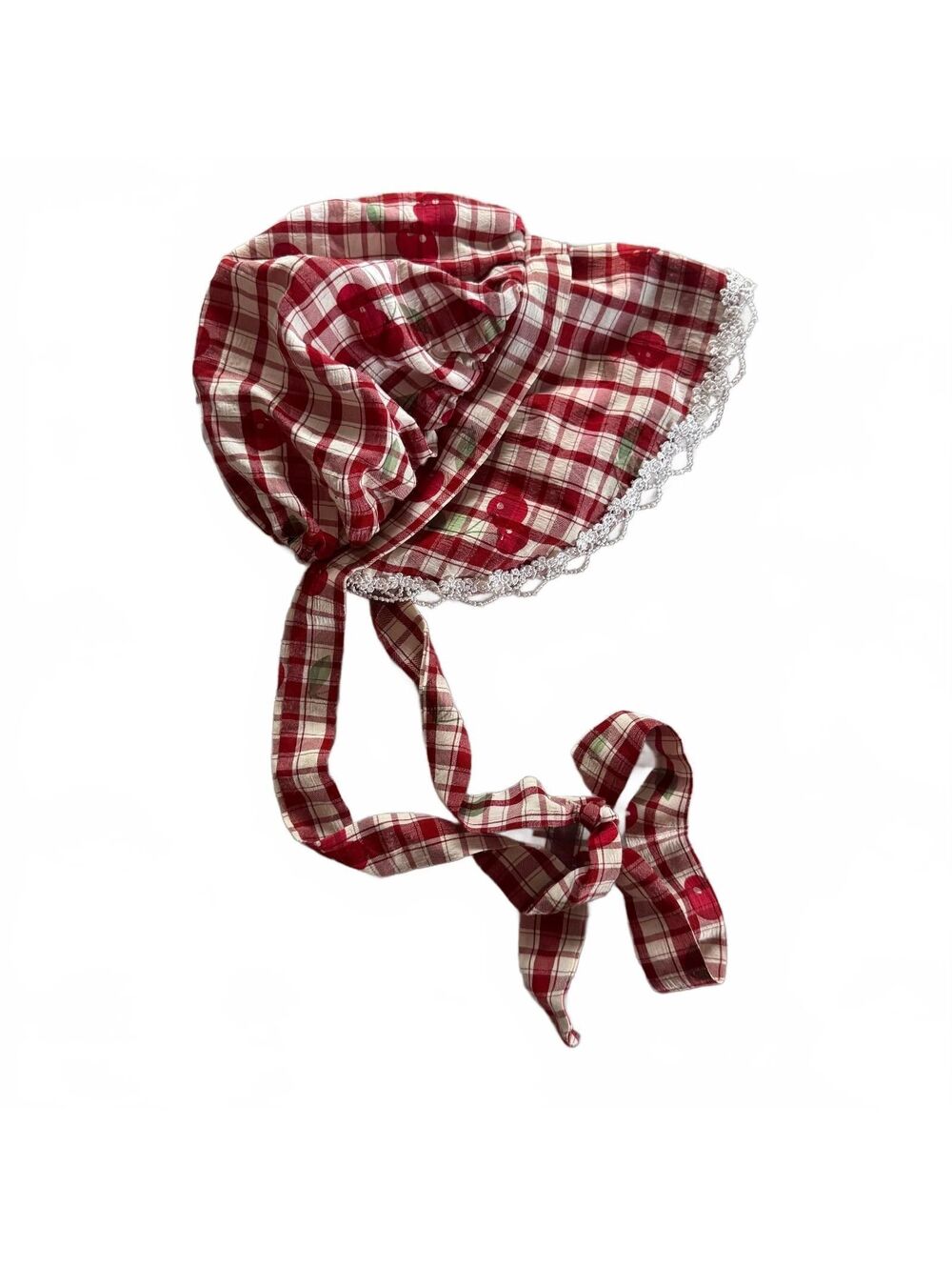 Handmade Toddler Gingham Sun Bonnet Hat Red Cherry Lace Prairie Baby Photo Prop